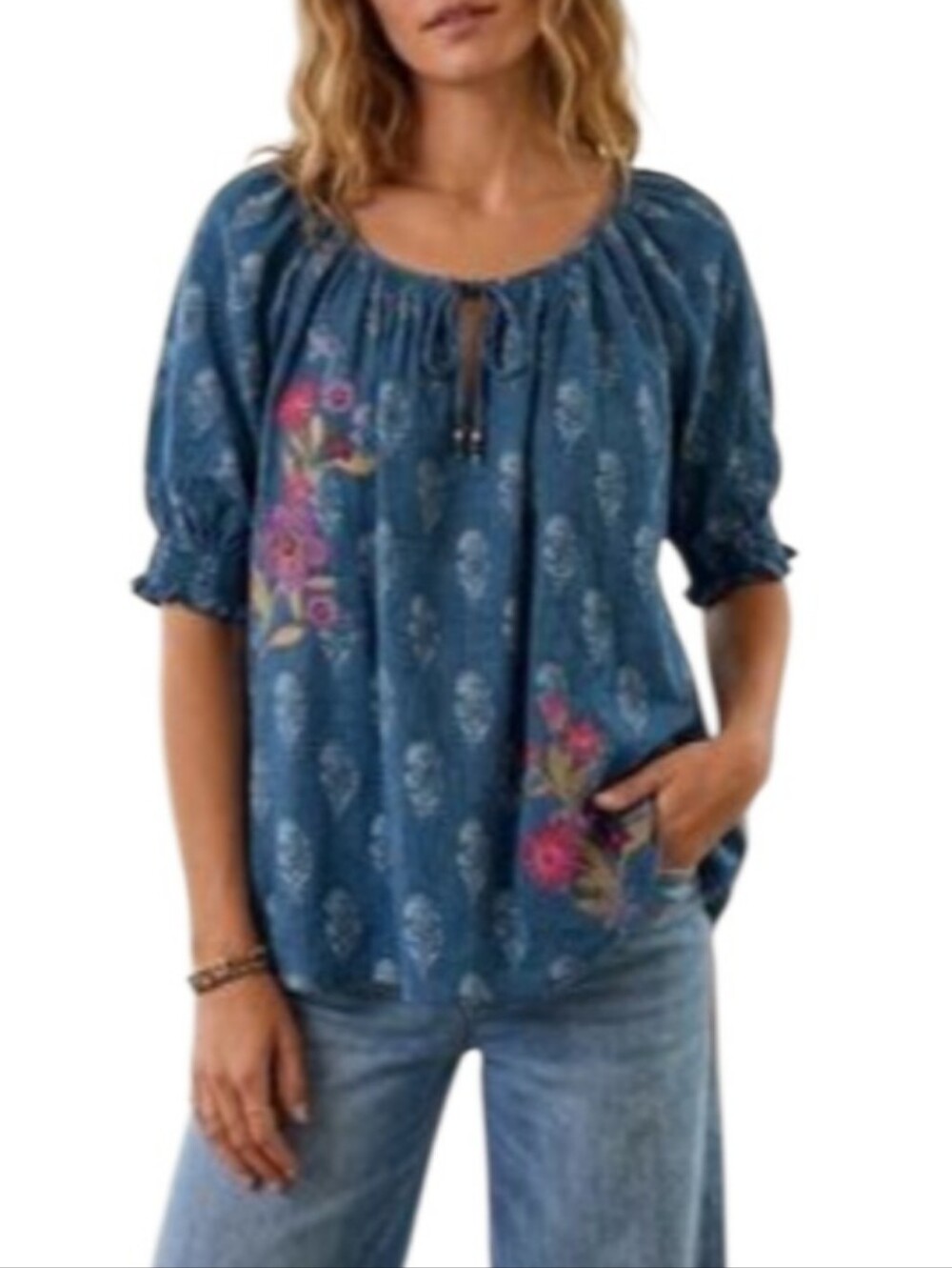 Natural Life 3/4 Sleeve Embroidered Blue Floral Smocked Peasant Blouse-NWT